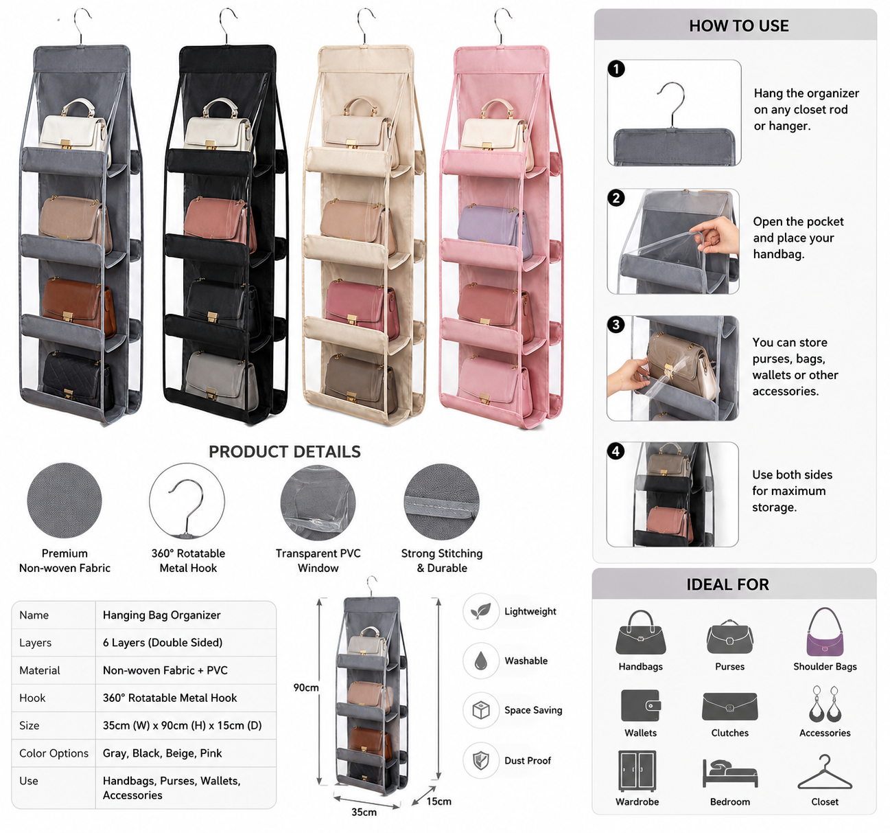 6-Layer Hanging Bag Organizer – Double-Sided Space Saving Storage