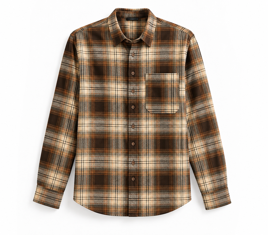 Men’s Premium Brown Plaid Flannel Shirt – Casual Long Sleeve Button-Up Shirt