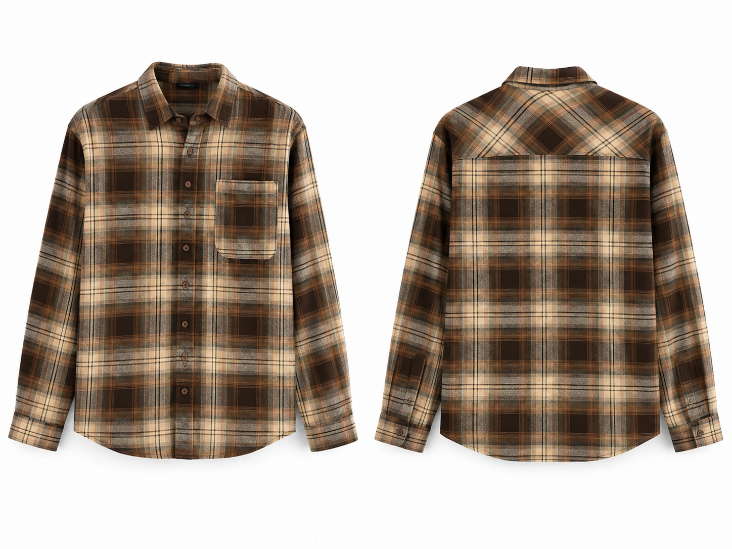 Men’s Premium Brown Plaid Flannel Shirt – Casual Long Sleeve Button-Up Shirt